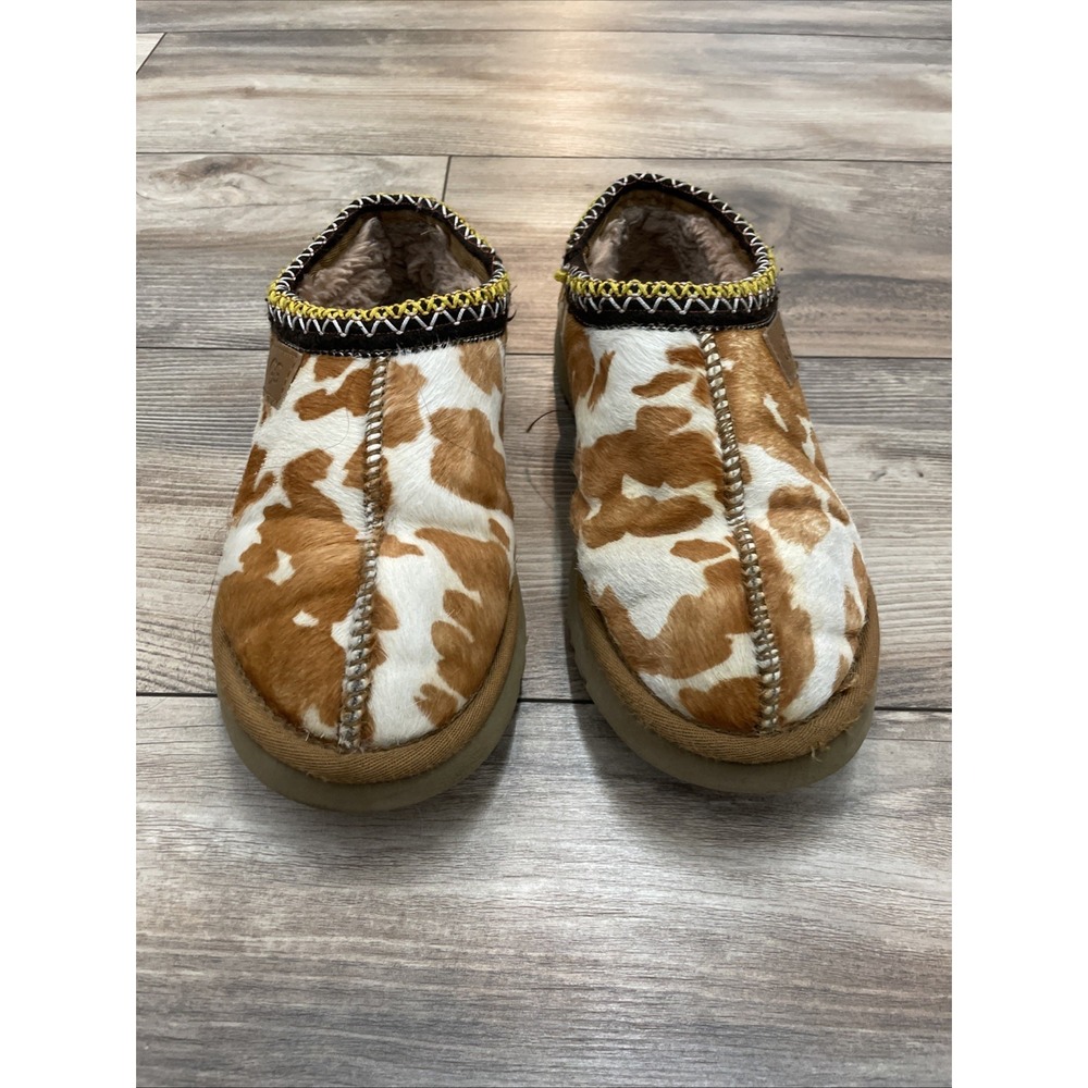 UGG Womens Tasman Cow Print Suede Slippers Brown White Size 7